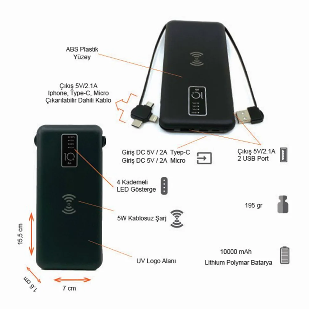 Dahili Kablolu Wireless Powerbank 10000 mAh