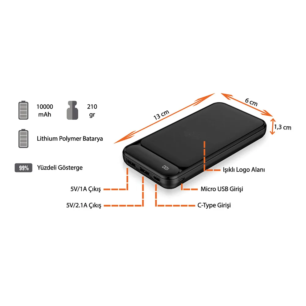 Işıklı Logo Powerbank 10000 mAh