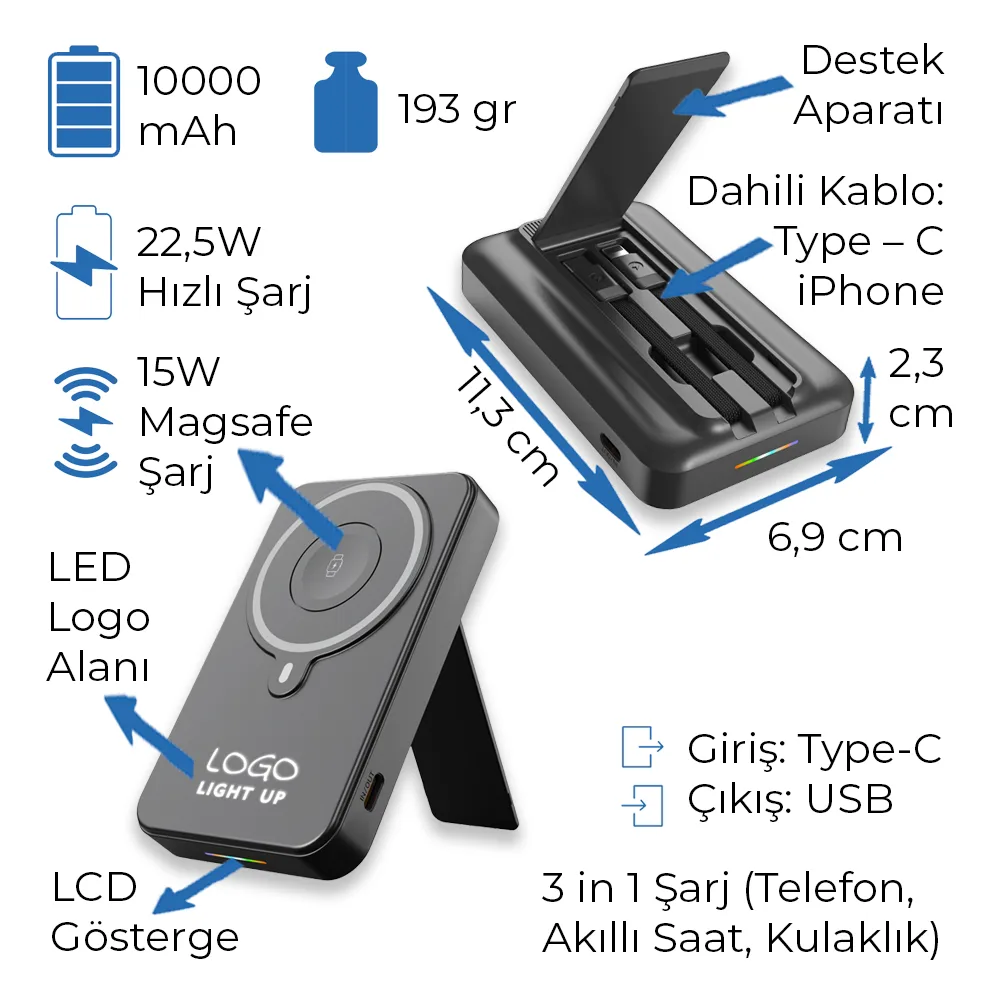 Işıklı Logo 15W MagSafe Powerbank 10000 mAh (Telefon, Saat, Kulaklık))