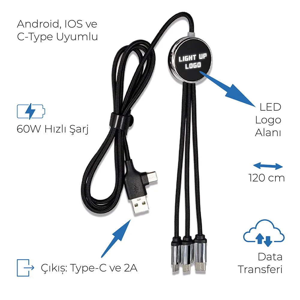 Işıklı Logo 60W Hızlı Type-C Uçlu Data Transferli Şarj Kablosu
