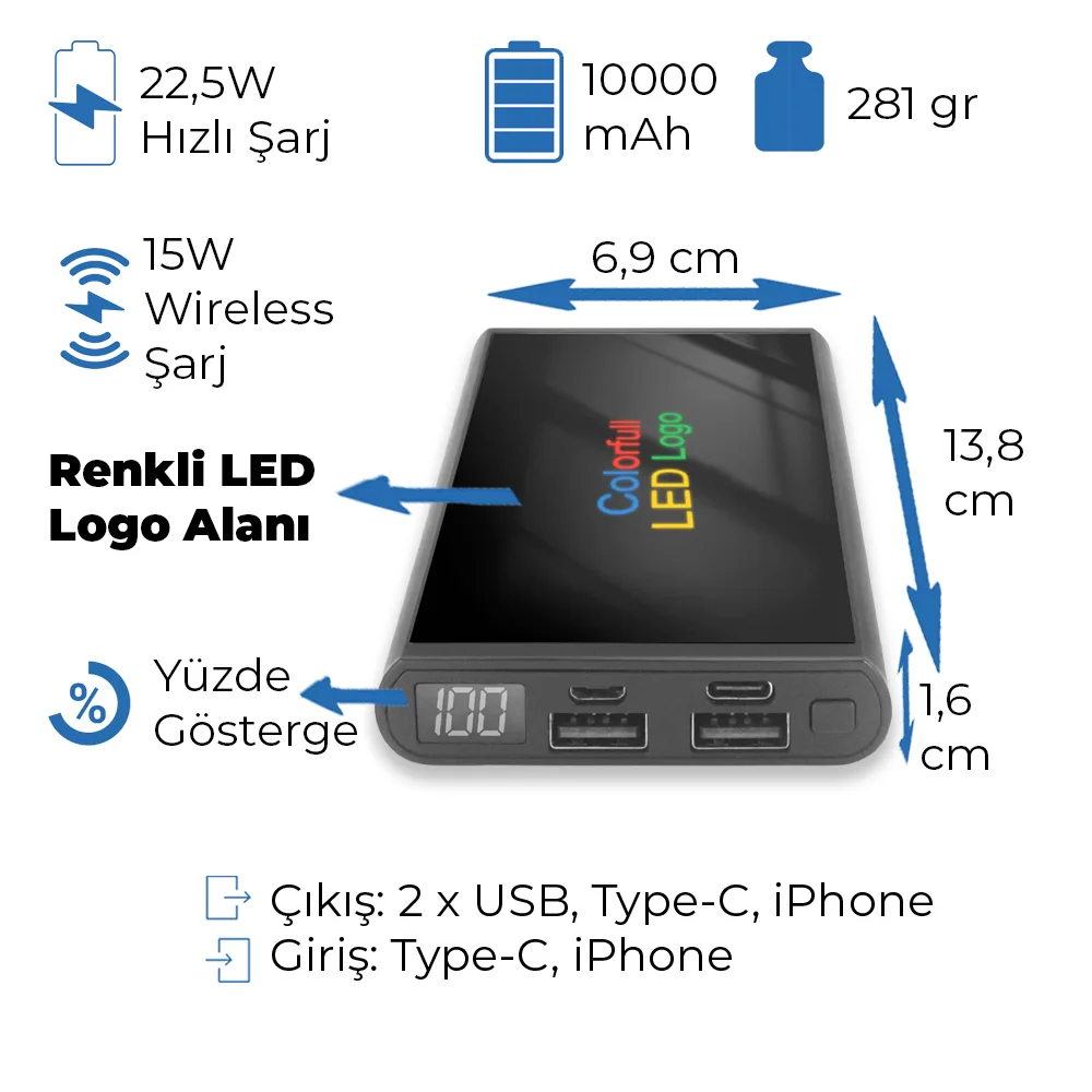 Renkli Işıklı Logo Magsafe 10000 mAh